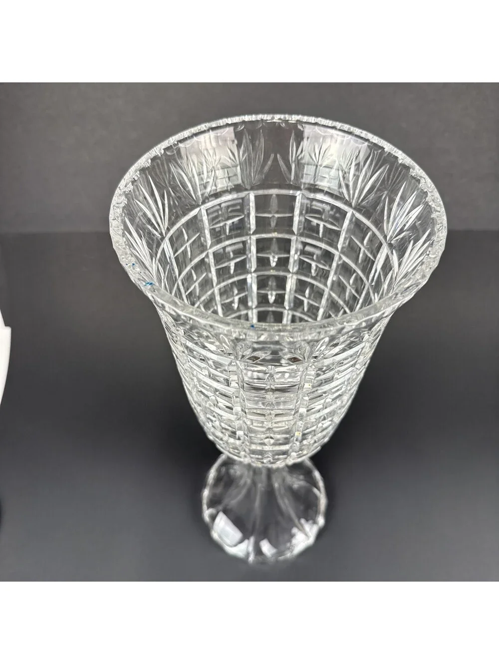 Vtg Hand Cut Crystal Cross & Olive Hurricane Flower Vase Stemmed Centerpiece 18